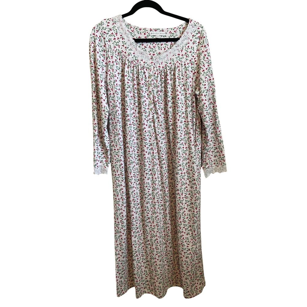 Eileen West Floral Berry Lace Trim Long Sleeve‎ Nightgown White Red Medium
